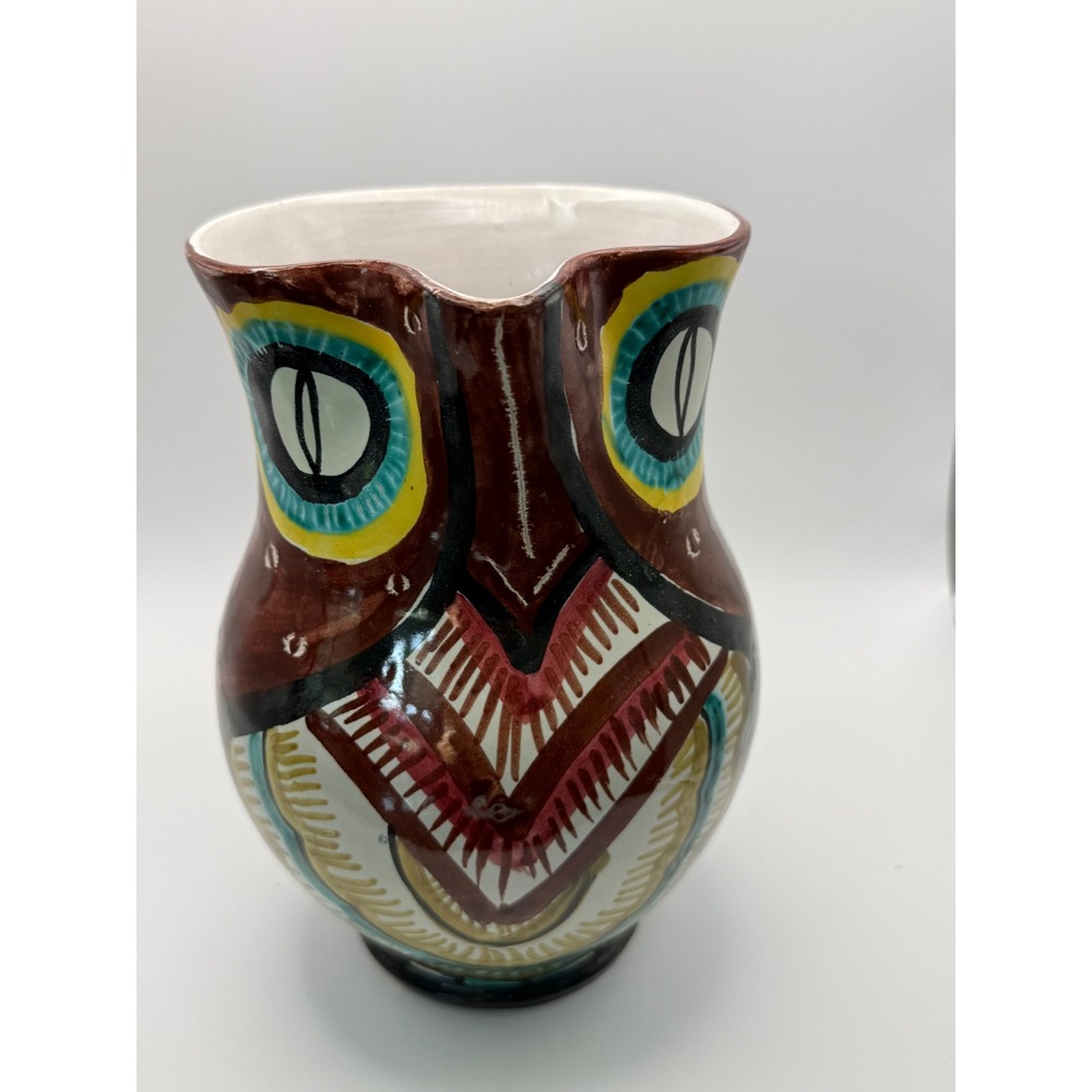 Vtg 1960s Italian‎ Hand Painted Ceramic Owl Pitcher Brown Glaze Italy 112Q